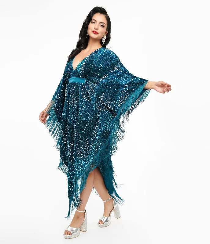 Printed Abstract Women Dress for a Modern and Artistic AppealSmak Parlour 1970s Teal Sequin Fringe Caftan Dress