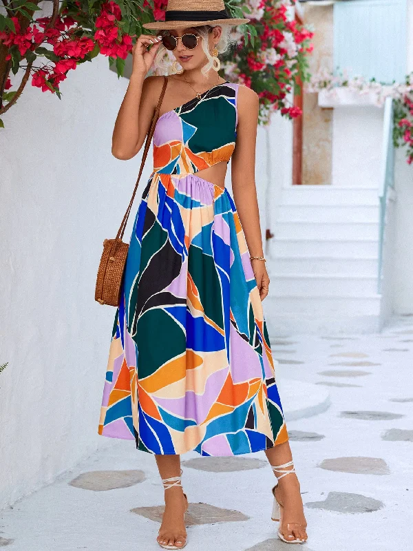 Off - the - Shoulder Women Dress for a Romantic and Feminine LookPrinted Cutout One-Shoulder Sleeveless Dress