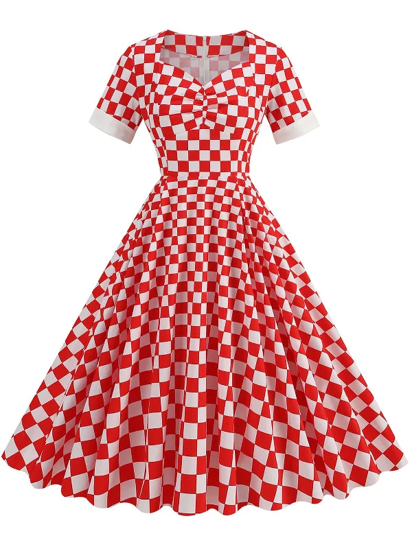 Sheath Women Dress with a Tailored Fit for a Professional LookRed 1950s Sweetheart Neck Plaids Dress