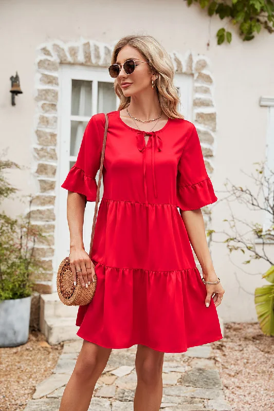 Lace - Embellished Women Dress for an Elegant and Sophisticated AppearanceRuffle Trim Tie Neck Flounce Sleeve Tiered Dress