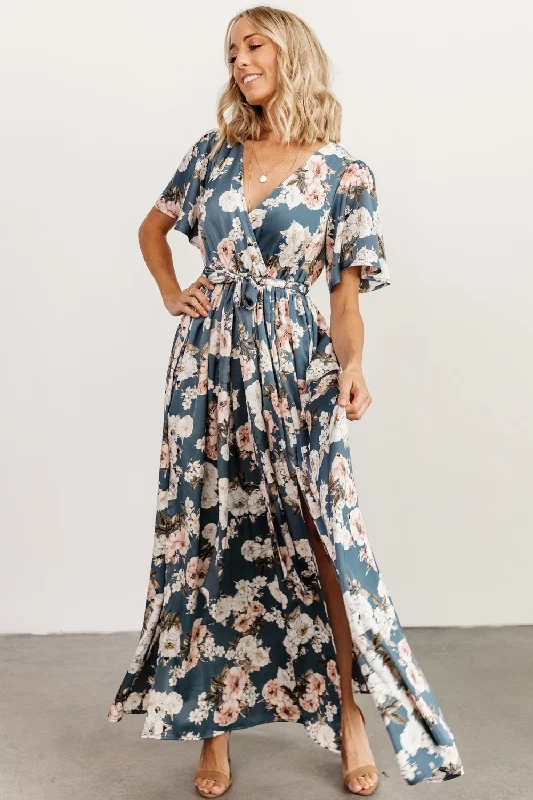 Ruffled Women Dress with Multiple Layers for a Playful and Girly StyleSicily Satin Maxi Dress | Blue Floral