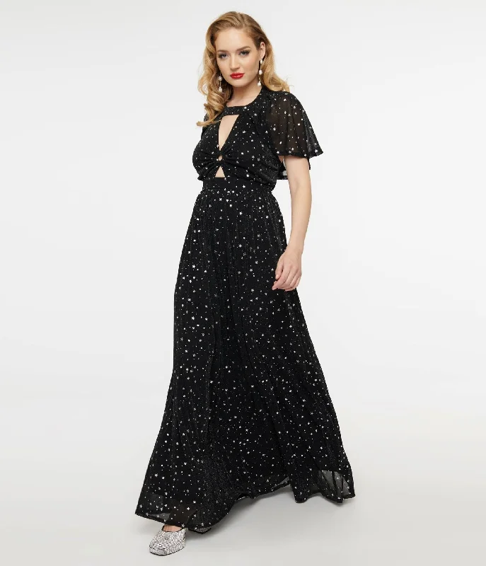 Plus Size Women Dress with a Flattering A - Line Cut for Comfort and StyleSmak Parlour 1970s Black & Silver Star Cape Maxi Dress