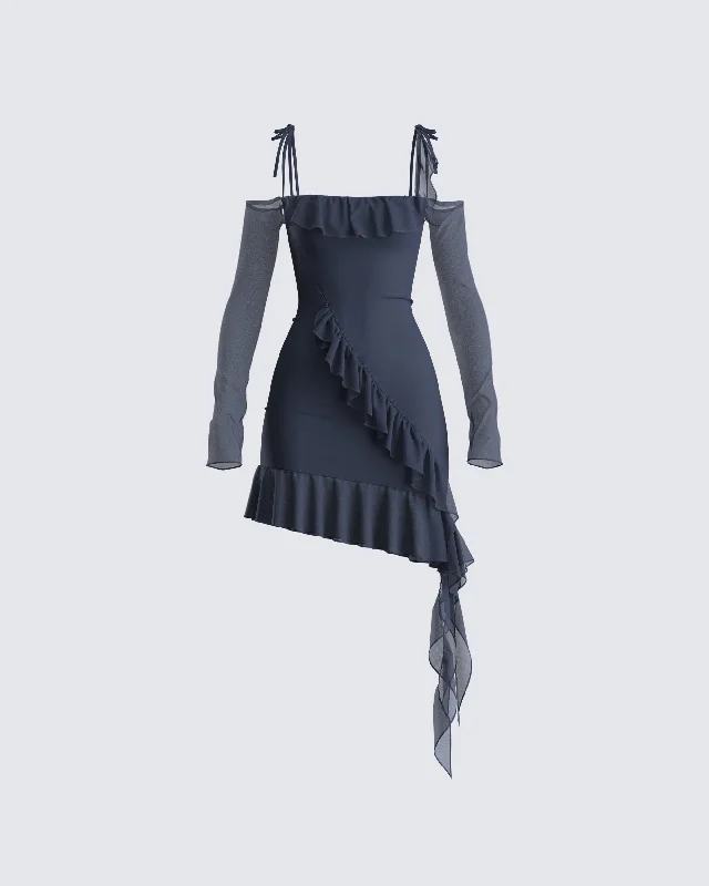 Long - Sleeve Women Dress in Velvet for a Luxurious Winter LookSolene Navy Mesh Mini Dress