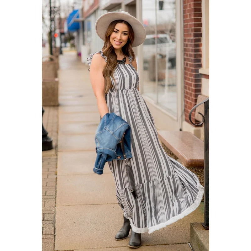 Ruffled Women Dress with Multiple Layers for a Playful and Girly StyleStripe Fringe Bottom Maxi Dress