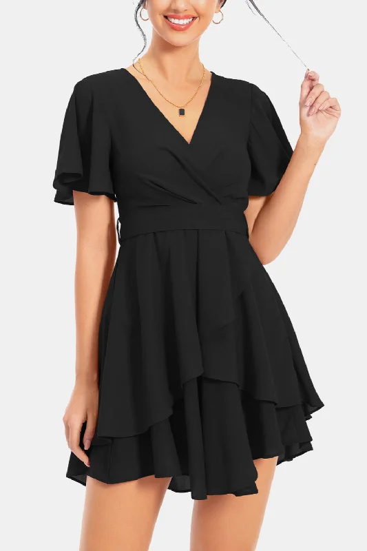 Shift Women Dress with a Simple and Classic Design for Everyday WearSurplice Neck Flutter Sleeve Dress