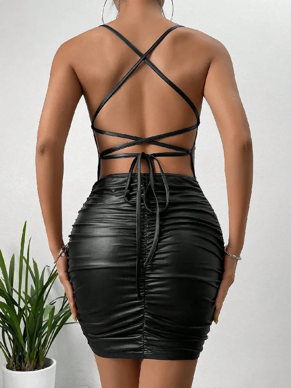 Mermaid - Style Women Dress with a Fitted Silhouette for Special OccasionsSXY Lace Up Backless Ruched PU Leather Bodycon Dress