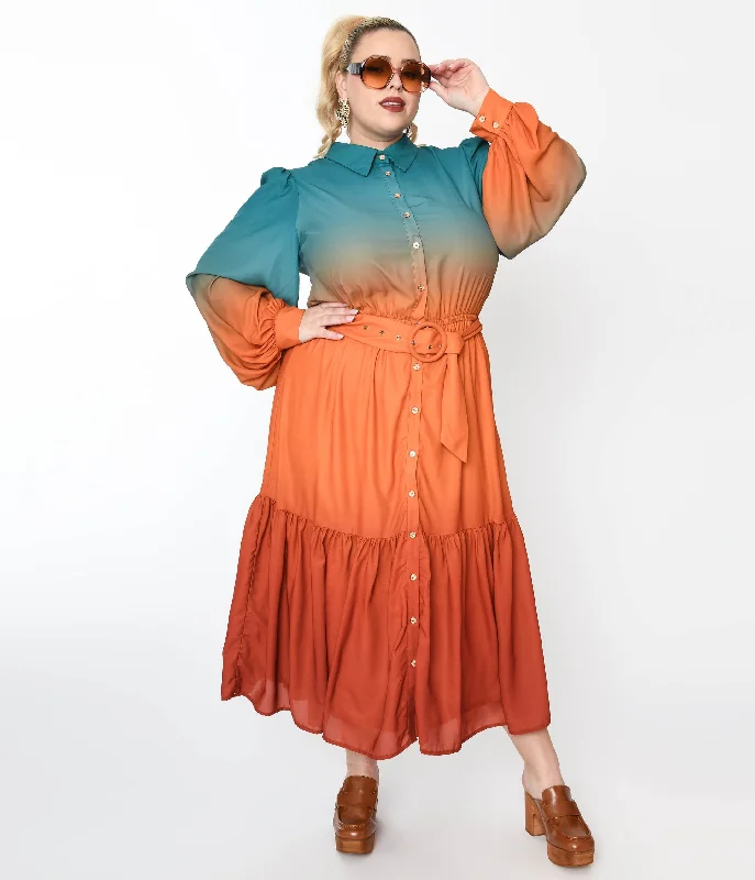 Wrap - Style Women Dress with Adjustable Fit for All Body Types1970s Teal & Rust Gradient Maxi Shirt Dress