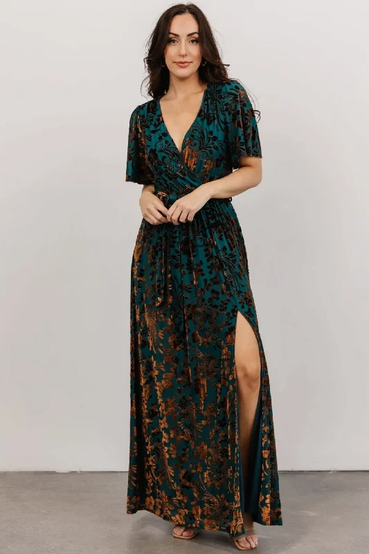 Pleated Women Dress with a Timeless and Elegant TextureUma Velvet Maxi Dress | Bronze + Jade