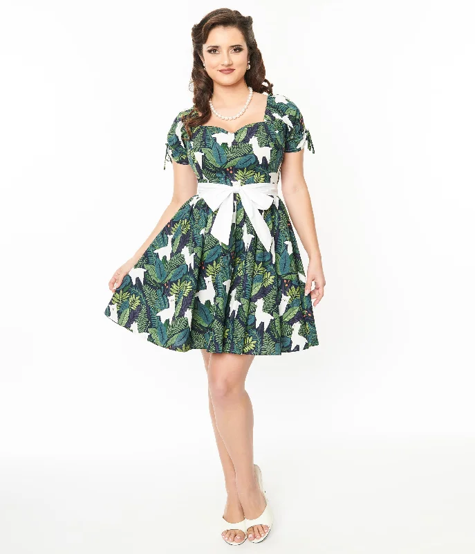 Empire Waist Women Dress to Accentuate the Bust and Conceal the WaistUnique Vintage 1950s Green Leaf & Llama Print Cotton Dakota Flare Dress