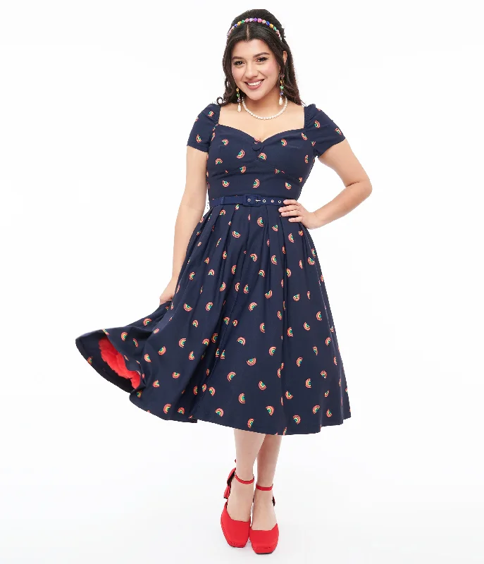 Ruffled Women Dress with Multiple Layers for a Playful and Girly StyleUnique Vintage 1950s Navy & Rainbow Stamp Midge Swing Dress