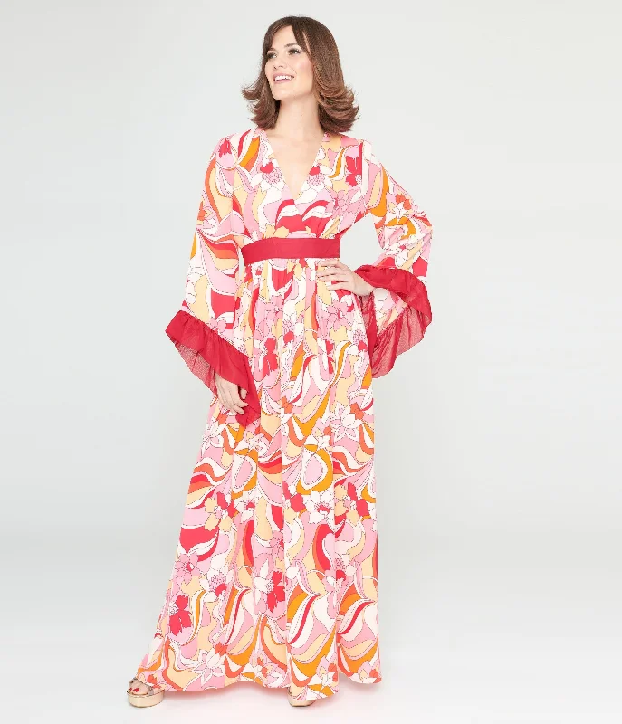 Plus Size Women Dress with a Flattering A - Line Cut for Comfort and StyleUnique Vintage 1970s Pink & Red Psychedelic Floral Maxi Dress