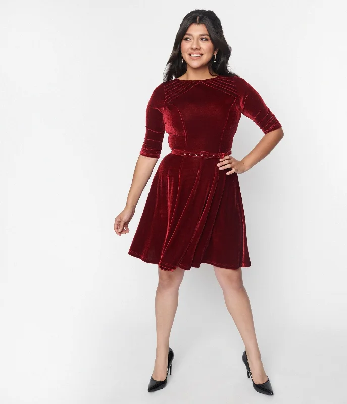 Strapless Women Dress with a Built - in Bra for Comfort and SupportUnique Vintage Burgundy Velvet Stephanie Fit & Flare Dress