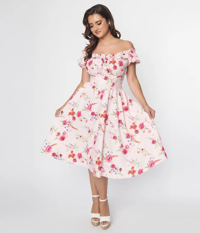 Plus Size Women Dress with a Flattering A - Line Cut for Comfort and StyleUnique Vintage 1950s Pink Floral Off the Shoulder Ruffle Swing Dress