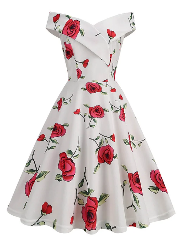 Backless Women Dress for a Sexy and Alluring Look at Evening EventsWhite 1950s Roses Off-Shoulder Dress