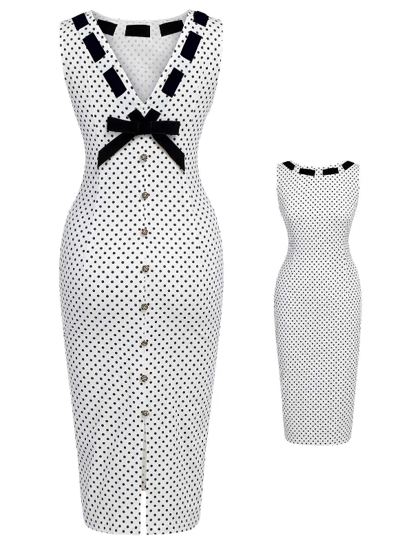 Shift Women Dress with a Simple and Classic Design for Everyday WearWhite 1960s Polka Dot Button Pencil Dress