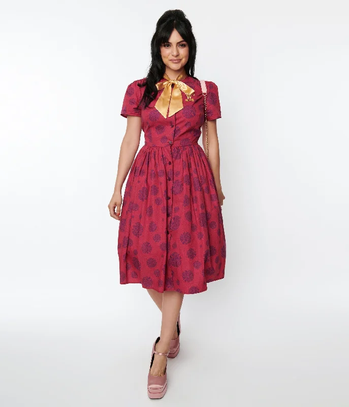 Mini Women Dress with a Short Hem for a Young and Trendy StyleWilly Wonka x Unique Vintage Berry Swirls & Gold Bow Swing Dress