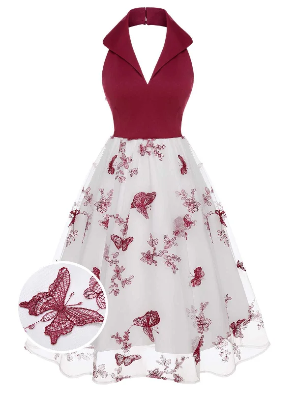 Printed Abstract Women Dress for a Modern and Artistic AppealWine Red 1950s Butterfly Lapel Mesh Dress