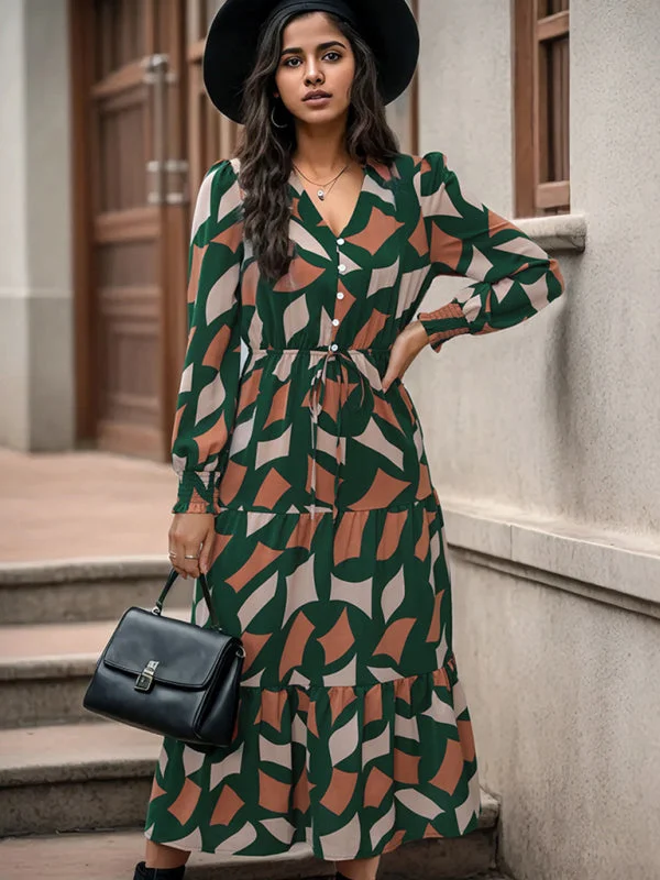 Plus Size Women Dress with a Flattering A - Line Cut for Comfort and StyleWomen's New Long Sleeve Geometric Print V-Neck Midi Dress