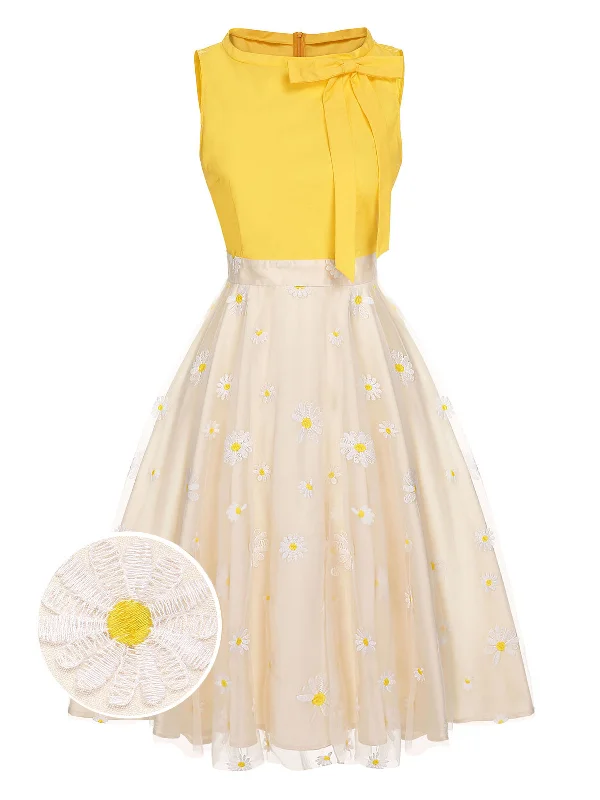 Backless Women Dress for a Sexy and Alluring Look at Evening EventsYellow 1950s Daisy Bowtie Patchwork Dress