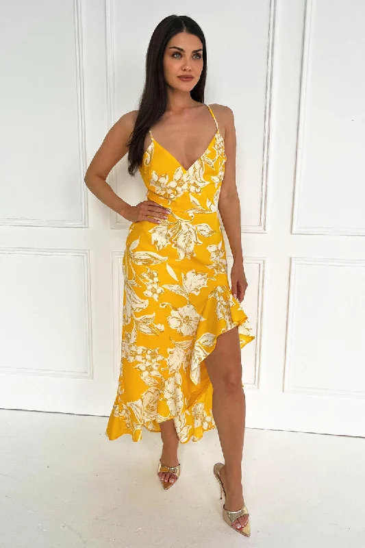 Off - the - Shoulder Women Dress for a Romantic and Feminine LookYellow Floral Printed Strappy High Low Frill Hem Midi Dress