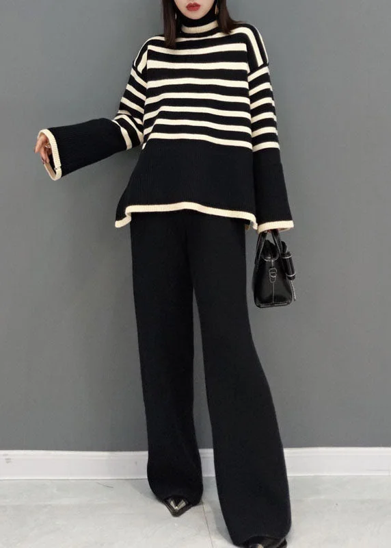 Hand - Knitted Women Sweater with Artisanal CharmBeautiful Black Turtle Neck Striped Knit Two Piece Suit Set Spring