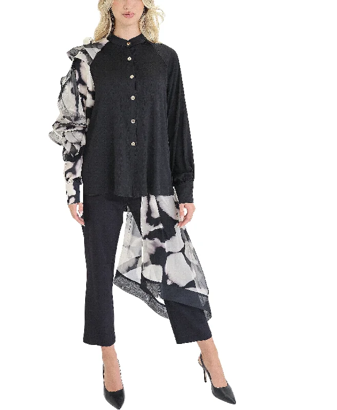 V - Neck Women Sweater to Elongate the NecklineBlouse w/ Printed Ruffle Sleeve