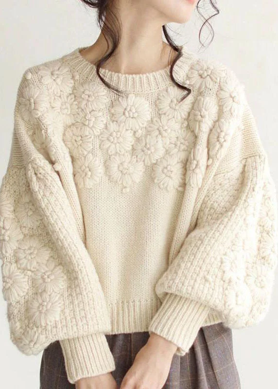 Mock - Neck Women Sweater for a Modern TwistChic Beige Thick Warm Embroideried Fall Knit sweaters