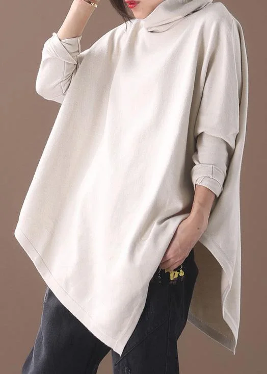 Long - Sleeve Women Sweater with Ribbed CuffsDIY asymmetric hem cotton high neck blouses for women Fabrics beige white tops