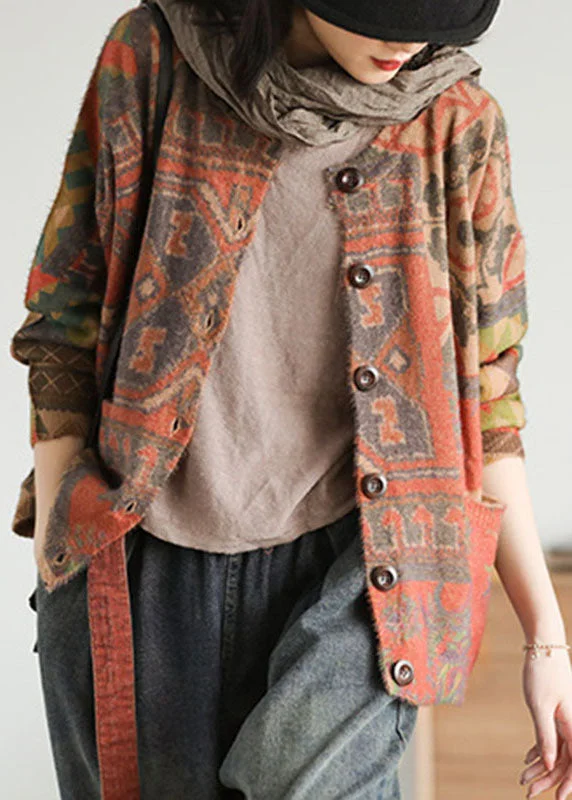 Cropped Women Sweater to Pair with High - Waisted Bottomsdiy Khaki Loose Knit Print Button Pockets Fall Sweater Cardigans