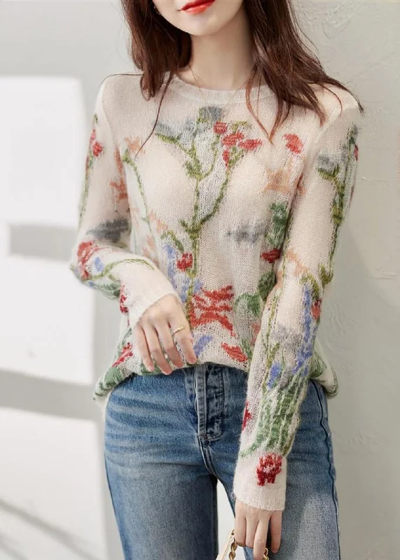 Organic Cotton Women Sweater for an Eco - Friendly ChoiceFrench O-Neck Floral Hollow Out Knit Sweaters Spring