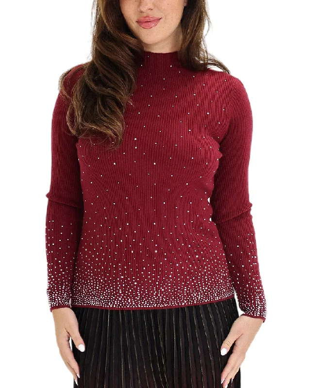 Open - Front Women Sweater for Easy LayeringKnit Ribbed Sweater w/ Crystals