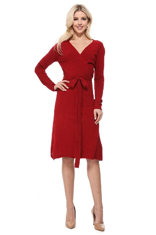 Plus - Size Women Sweater with a Flattering FitYemak Women's V-Neck Long Sleeve Belted Wrap Sweater Dress MK6008