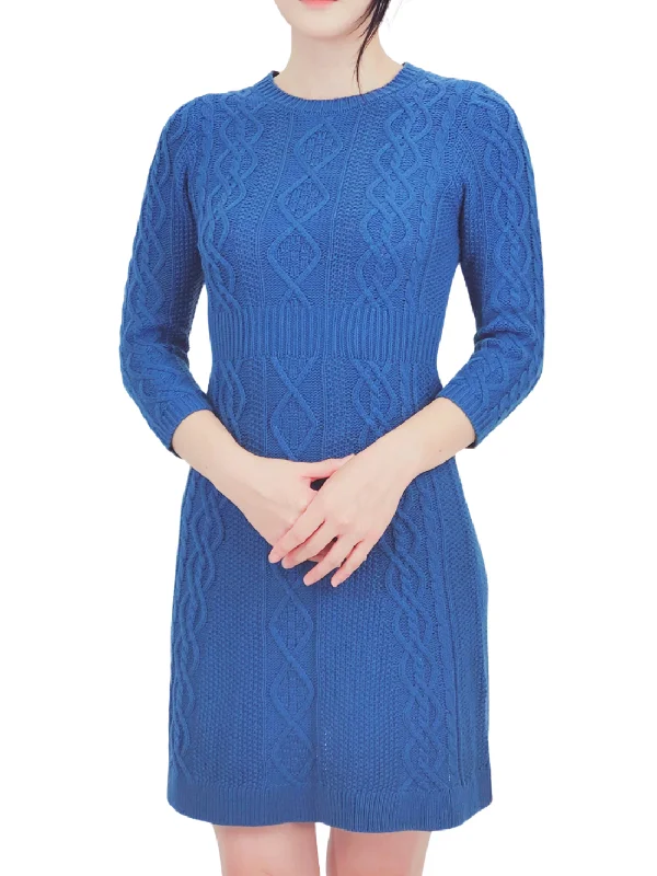 Hand - Knitted Women Sweater with Artisanal CharmYemak Women's Cable Knit Round Neck 3/4 Sleeves Mini Sweater Dress MK6018