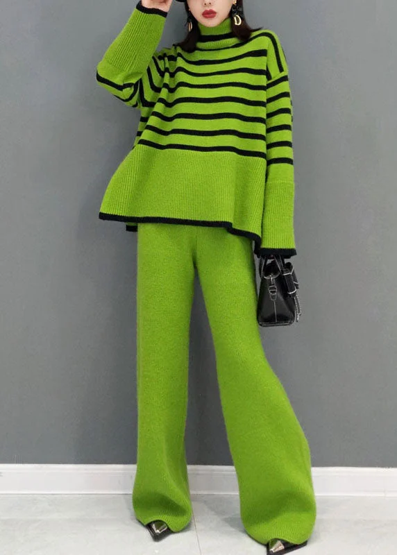 Oversized Women Sweater for a Cozy and Fashionable LookOrganic Green Turtle Neck Striped wide leg pants Knit Two Pieces Set Spring