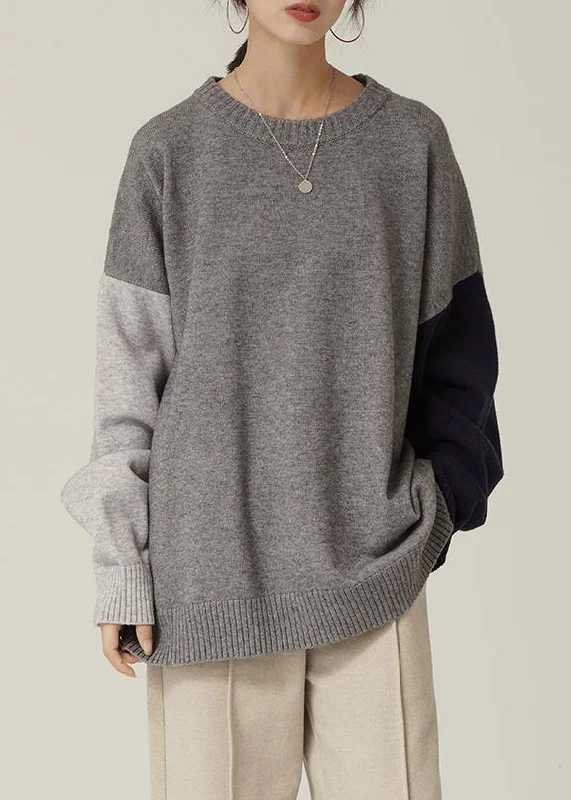 Striped Women Sweater with a Timeless PatternOversized gray Sweater Blouse o neck patchwork oversized fall knitwear