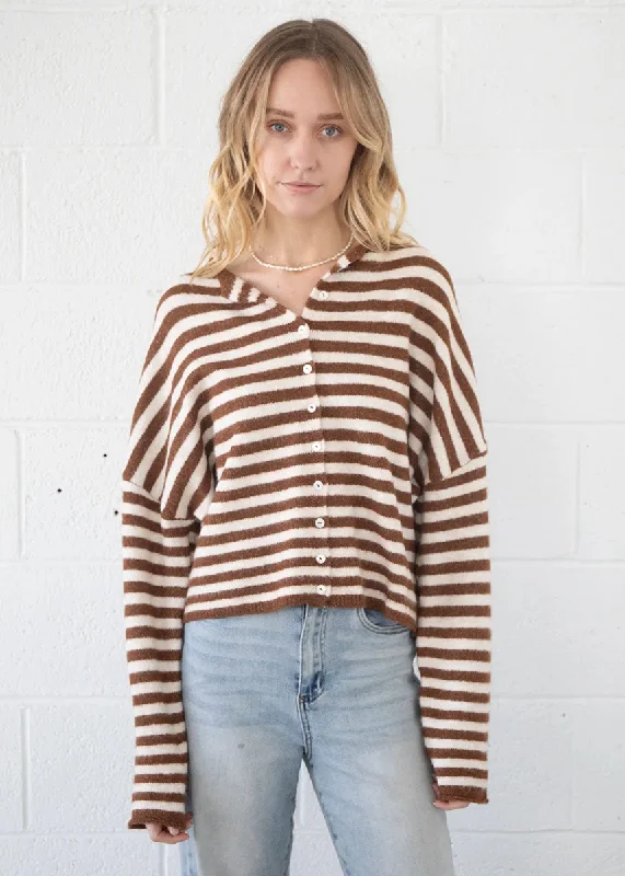 Organic Cotton Women Sweater for an Eco - Friendly ChoicePiper Striped Cardigan - Ivory & Brown