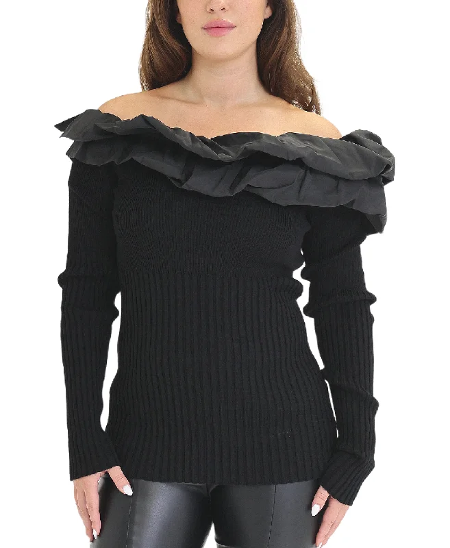 Hand - Knitted Women Sweater with Artisanal CharmRibbed Sweater w/ Ruffle Detail