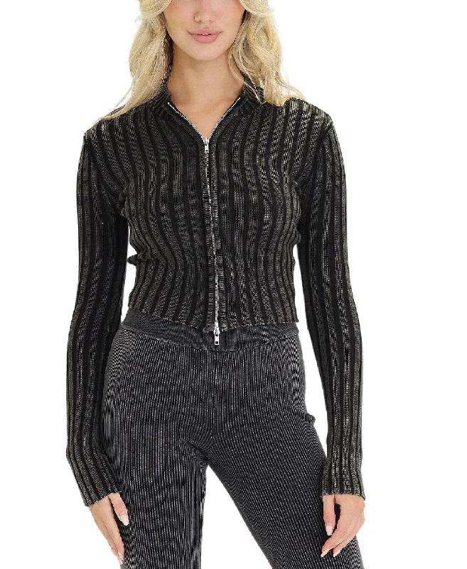 Hand - Knitted Women Sweater with Artisanal CharmRibbed Zip Front Sweater