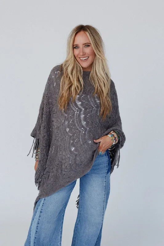 Mock - Neck Women Sweater for a Modern TwistSea Beyond Lace Poncho - Gray