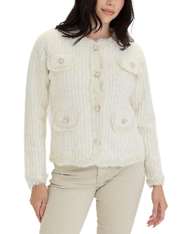 Hand - Knitted Women Sweater with Artisanal CharmShimmer Knit Cardigan w/ Pearl Buttons