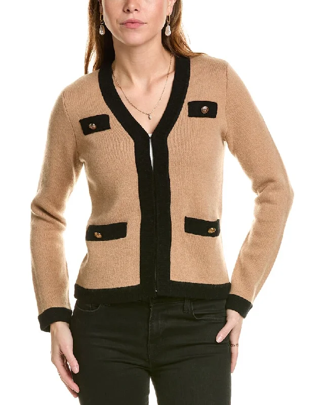 Striped Women Sweater with a Timeless Patternsofiacashmere Contrast Trim Wool & Cashmere-Blend Cardigan