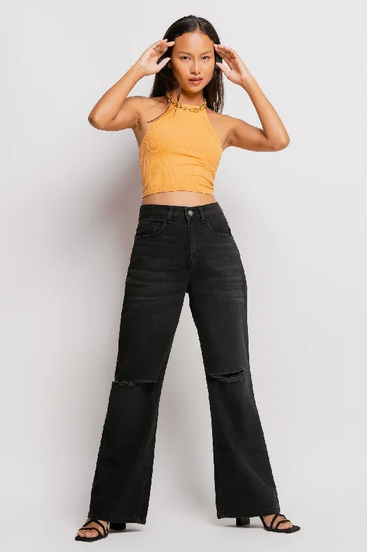 Button - fly women jeans with a traditional touch90's Distressed Charcoal Wide Jeans