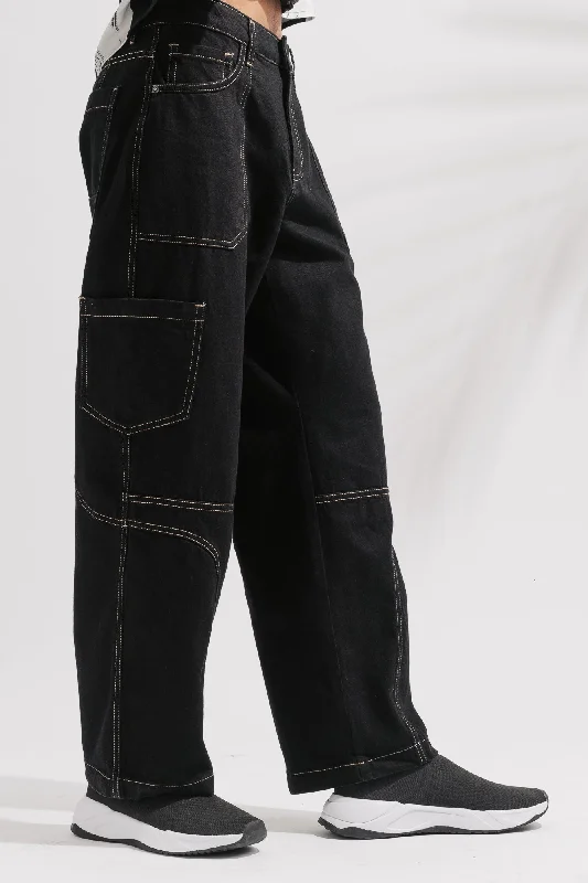 Distressed women jeans for a trendy and edgy lookBlack Contrast Seam Men's Cargo Jeans