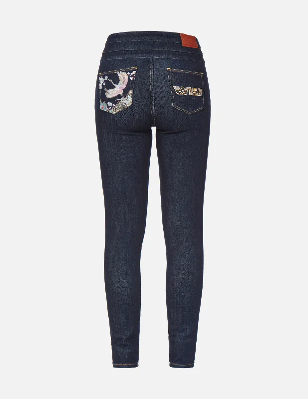 Button - fly women jeans with a traditional touchCrane Embroidery and Logo Appliqué Skinny Jeans