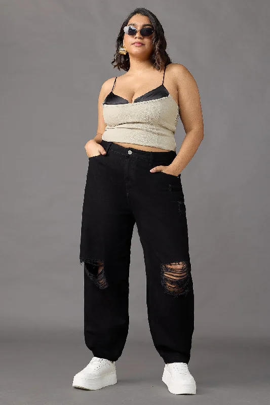 Mom jeans for a nostalgic and casual lookRocker Rebel Curve Relaxed Fit Torn Black Jeans