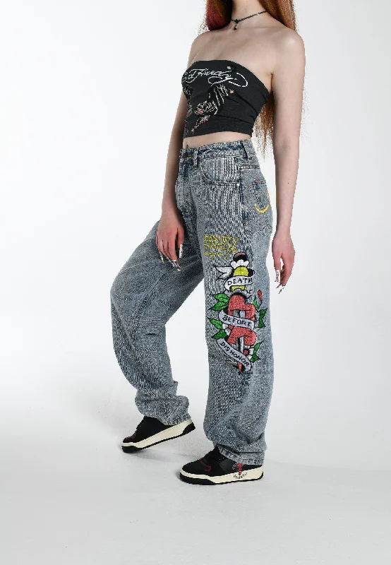 Embroidered women jeans with intricate patternsWomens Death Before Dishonour Relaxed Fit Denim Trousers Jeans - Bleach