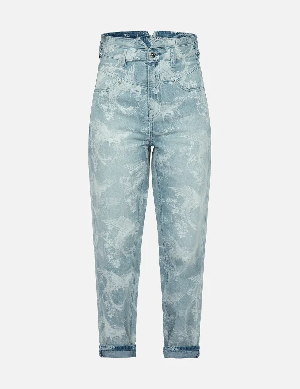 Mom jeans for a nostalgic and casual lookLaser-Print Allover Peacock Denim Taper Jeans