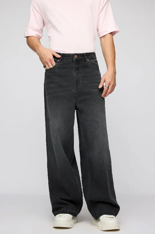 Ripped women jeans for a rebellious and fashion - forward stylePhantom Black Faded Men's Wide Leg Jeans