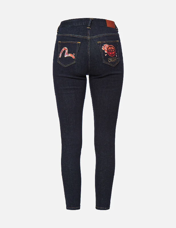 Wide - leg women jeans for a modern and relaxed vibePeony-pattern Seagull and Kamon Embroidery Skinny Jeans