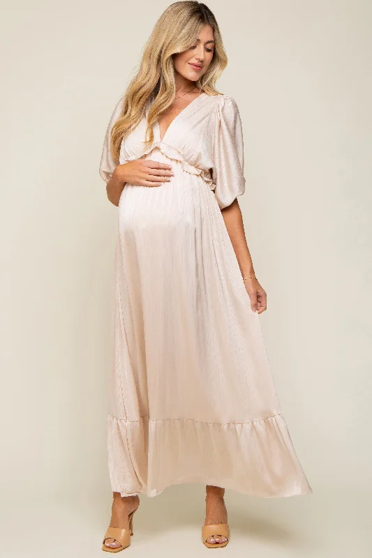 Backless Women Dress for a Sexy and Alluring Look at Evening EventsBeige Striped Ruffle Accent Maternity Maxi Dress